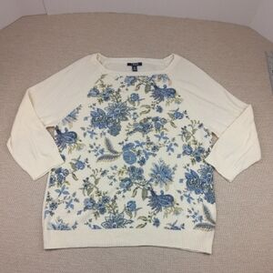 Chaps Ralph Lauren‎ Blue and White Ladies Floral Sweater, Size XL